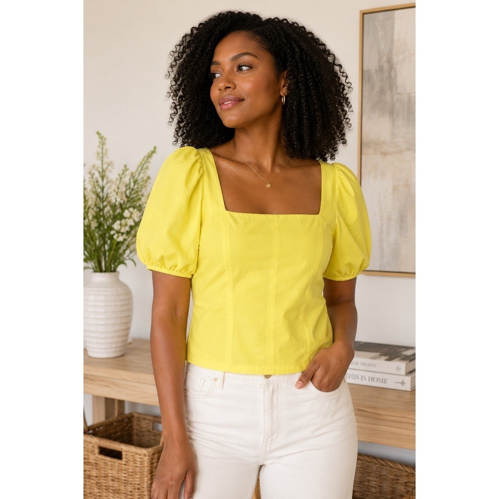 J.Crew Yellow Square Neck Puff Sleeve Top 12 Cotton Corset Milkmaid Blouse